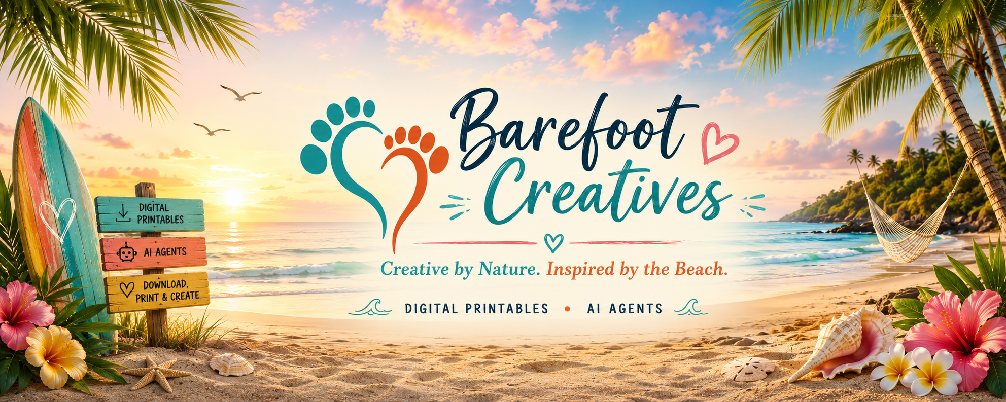 Barefoot Creatives — Creative by Nature, Inspired by the Beach. Digital Printables and AI Agents.